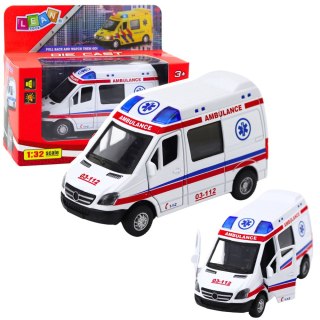 Karetka Ambulans Metalowy Z Napędem Pull Back Światła Dźwięki Biały 1:32 LEAN Toys