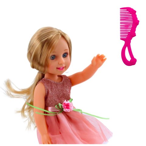 Lalka W Sukience z Kokardką Długie Włosy Różowa Grzebień 38cm LEAN Toys